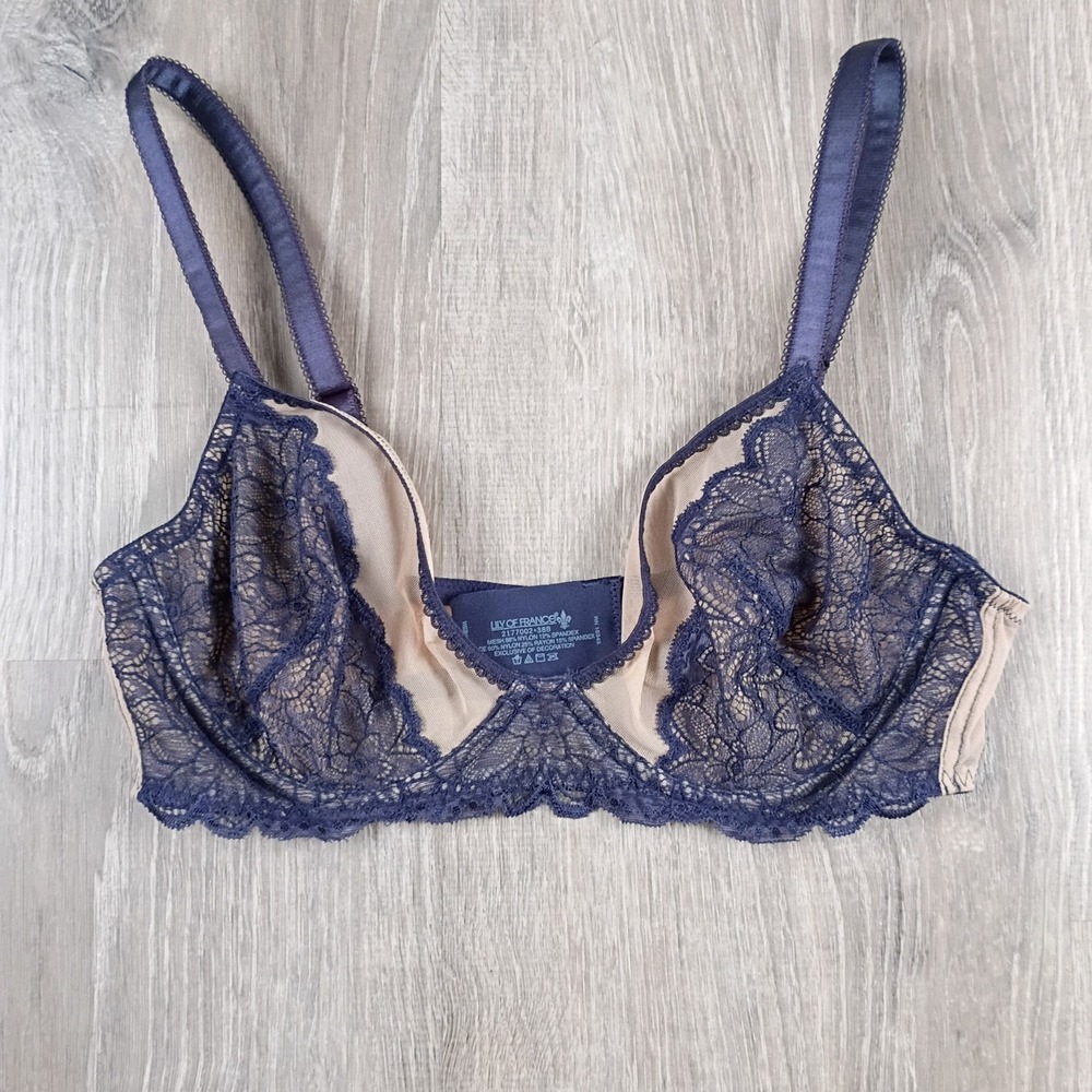 Lily Of France Lace Unlined Underwire Bra Purple Beige Floral‎ 38B 2177002